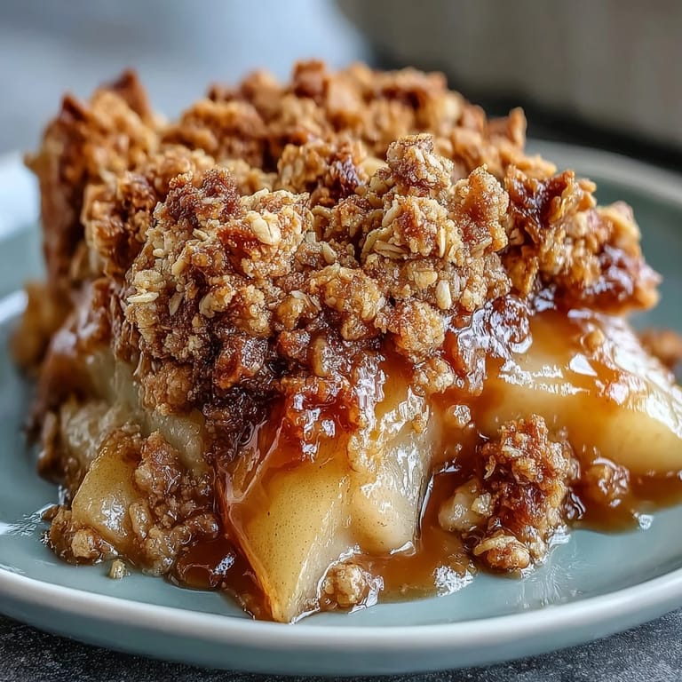 A rustic serving of pear crumble with a spoon ready, perfect for a cozy dessert with vanilla ice cream.