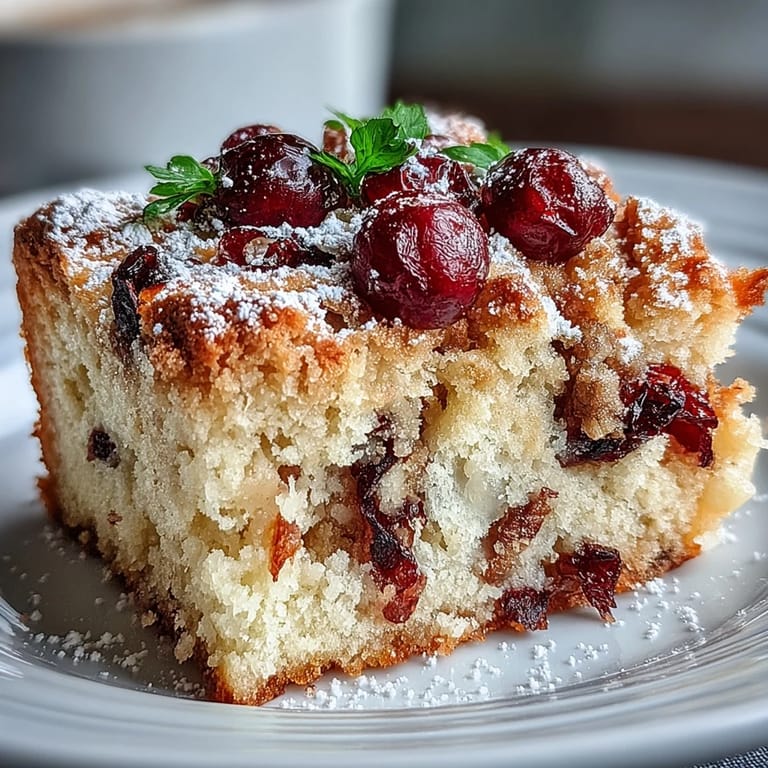 A moist slice of Cranberry Orange Breakfast Cake dusted with powdered sugar, served on a rustic plate for a bright brunch.