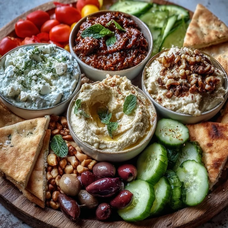Shareable Mediterranean Brunch Board with Dips and Flatbreads featuring warm pita wedges, olives, nuts, and fresh herbs for a festive brunch.