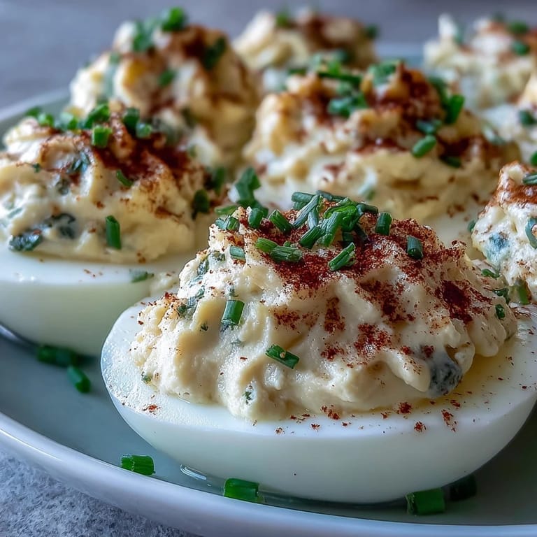 Creamy filling piped into tender egg white halves, topped with paprika and chives for Million Dollar Deviled Eggs.