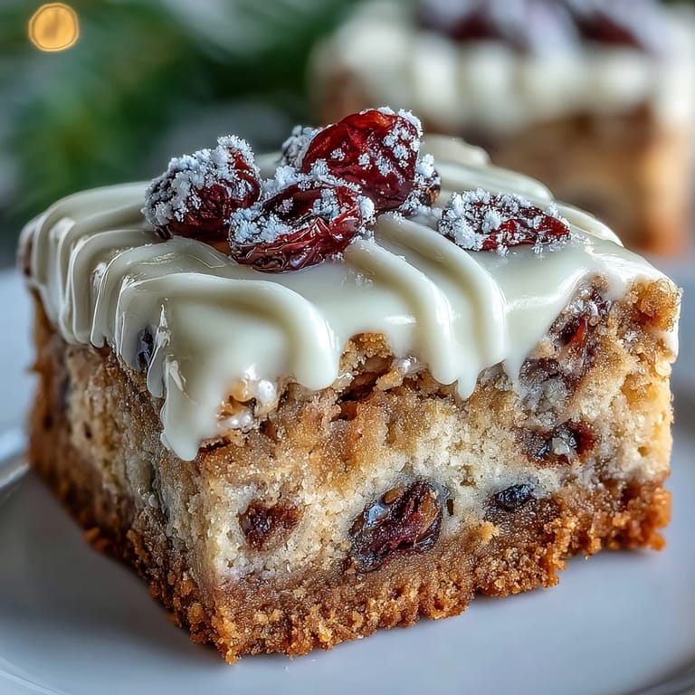 A square of Cranberry Bliss Bars reveals a tender crumb packed with dried cranberries and white chocolate chips.