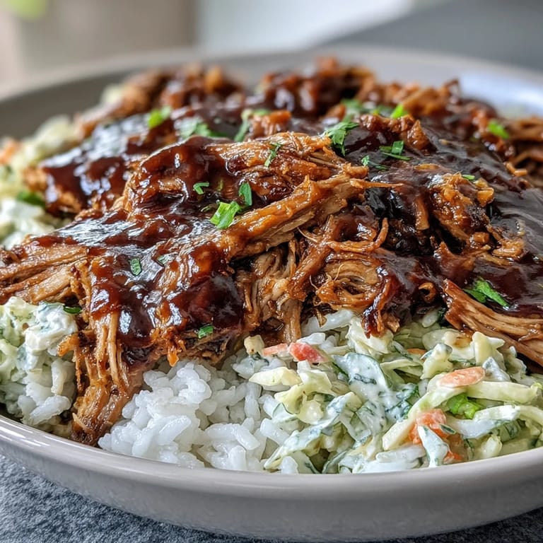 Serving suggestion for Pulled Pork Bowl: savory pork over steamed rice with crunchy slaw and fresh cilantro garnish.