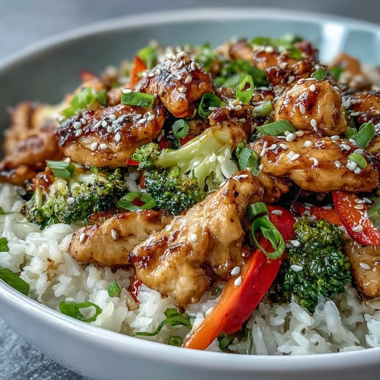 Hearty Chicken and Rice Bowl garnished with fresh green onions and sesame seeds, served on a rustic wooden table.