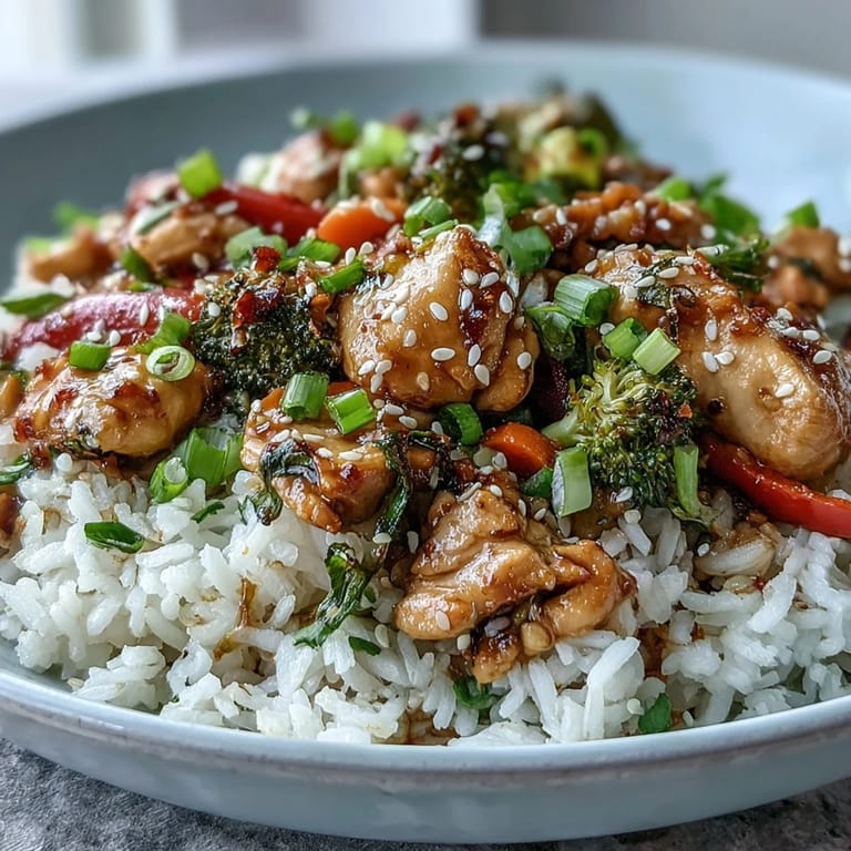 Freshly cooked Chicken and Rice Bowl with tender carrots and broccoli, ready to enjoy with a drizzle of savory sauce.