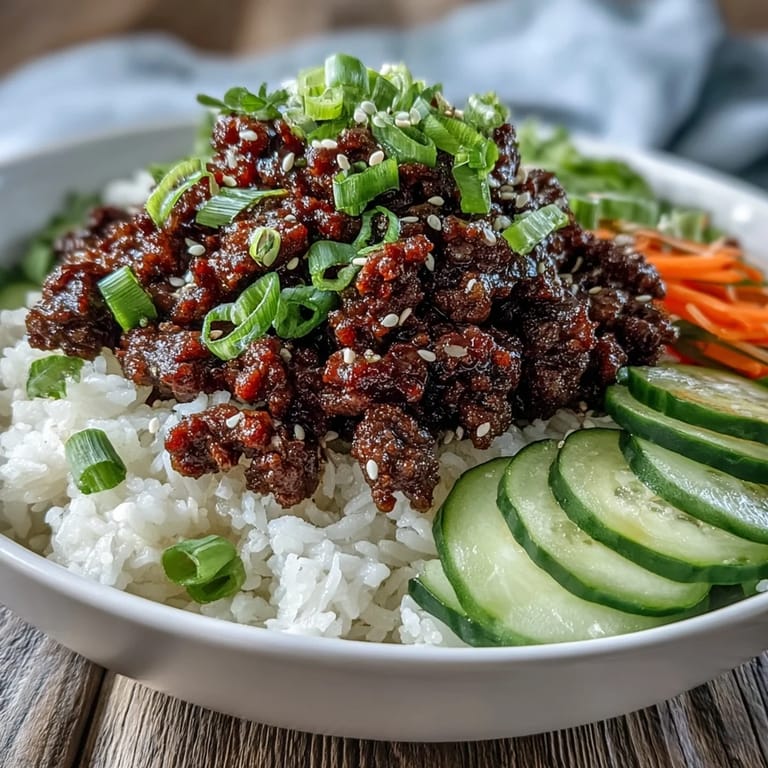 Vibrant deconstructed Korean Ground Beef Bowl with seasoned ground beef, white rice, and crunchy quick-pickled vegetables on the side.