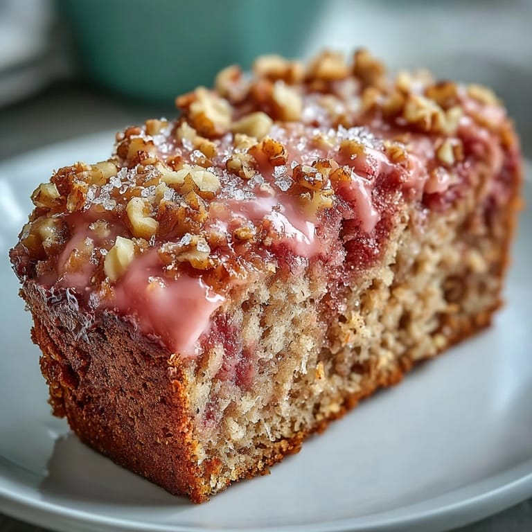 A thick slice of Vegan Cardamom Guava Banana Bread shows pink guava ribbons and a moist, tender interior.