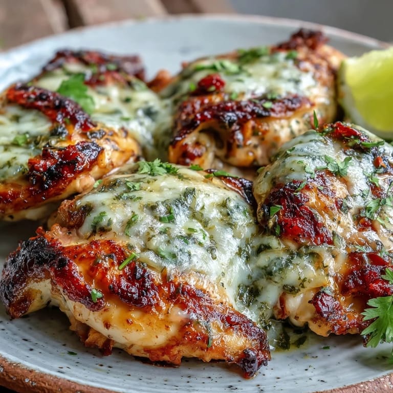 Sliced Grilled Salsa Verde Pepper Jack Chicken served with lime wedges on a rustic wooden table.