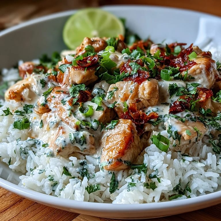 A healthy Coconut Chicken Rice Bowl served in a white bowl with lime wedges and green onions on the side.