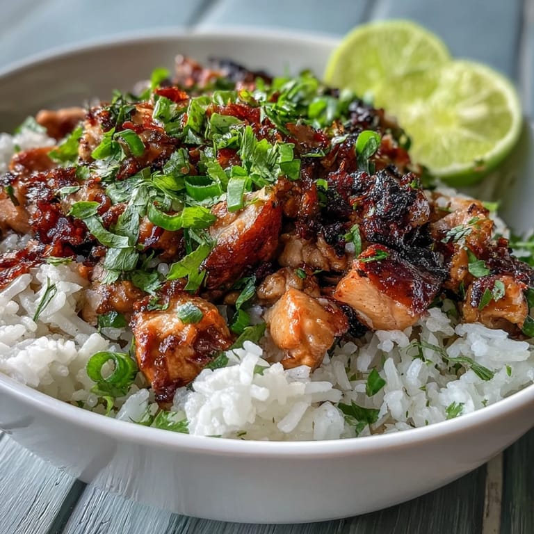 Steaming Coconut Chicken Rice Bowl with golden chicken pieces in creamy coconut sauce, ready to be enjoyed for dinner.