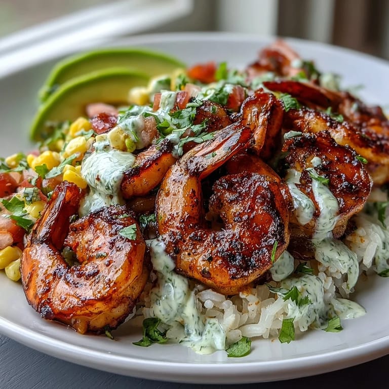 Crisp corn salsa and rich avocado slices top a warm bowl of grilled shrimp.