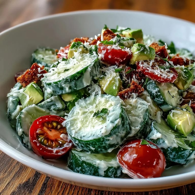 Close-up of Cucumber Caesar Salad highlighting glossy creamy dressing clinging to ridged cucumber ribbons, garnished with fresh parsley and extra grated Parmesan cheese.
