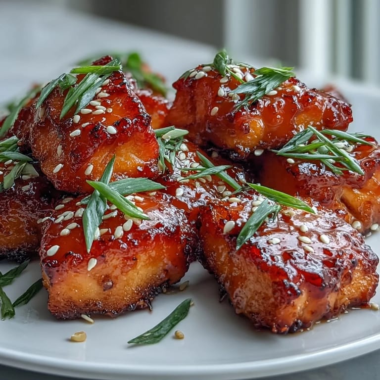 Bang Bang Salmon Bites plated over a bed of rice with fresh scallions and a lime wedge.