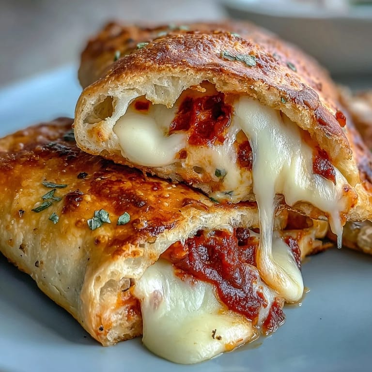 Hand holding a split High Protein Pizza Hot Pockets revealing gooey cheese and tomato sauce filling, served with marinara dip.