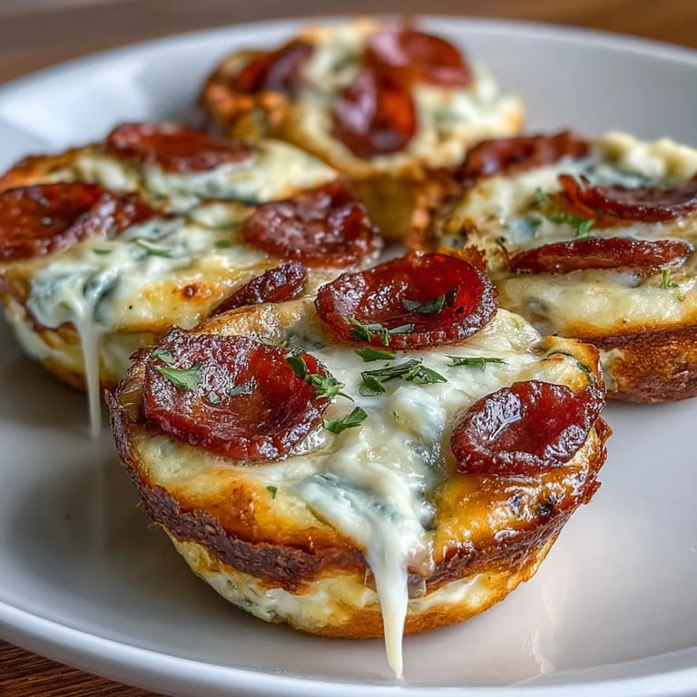 Stack of savory High-Protein Pepperoni Breakfast Cups, showing the moist interior with mozzarella, bell peppers, and pepperoni in a high-protein morning meal.