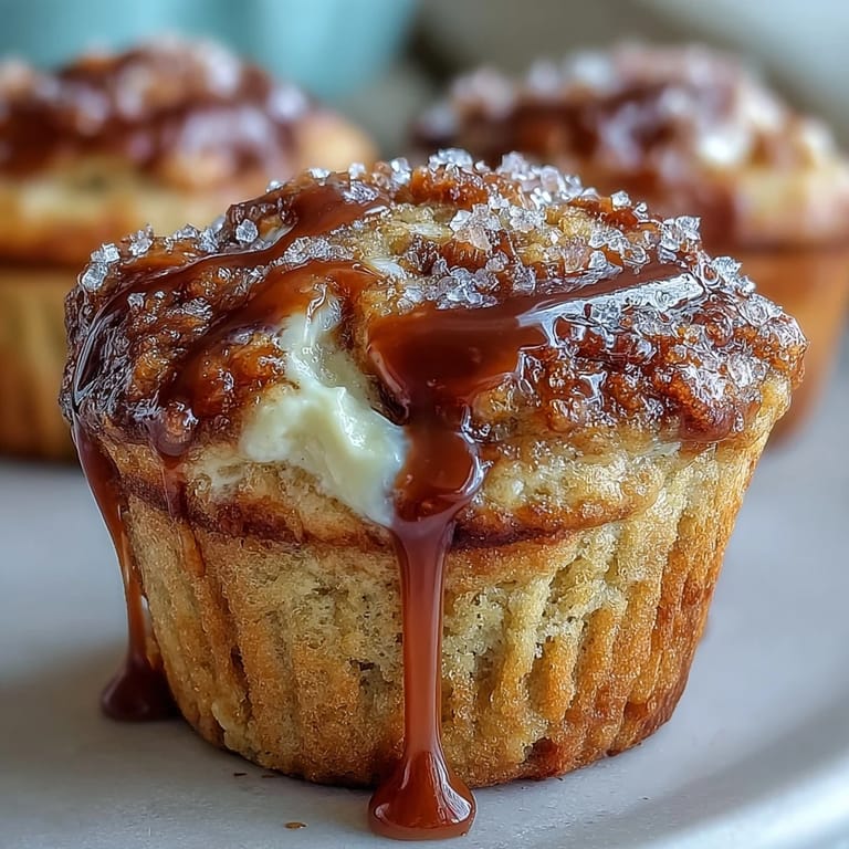 Close-up of Caramel Cream Cheese Swirl Muffins with marbled filling on a rustic wooden serving board.