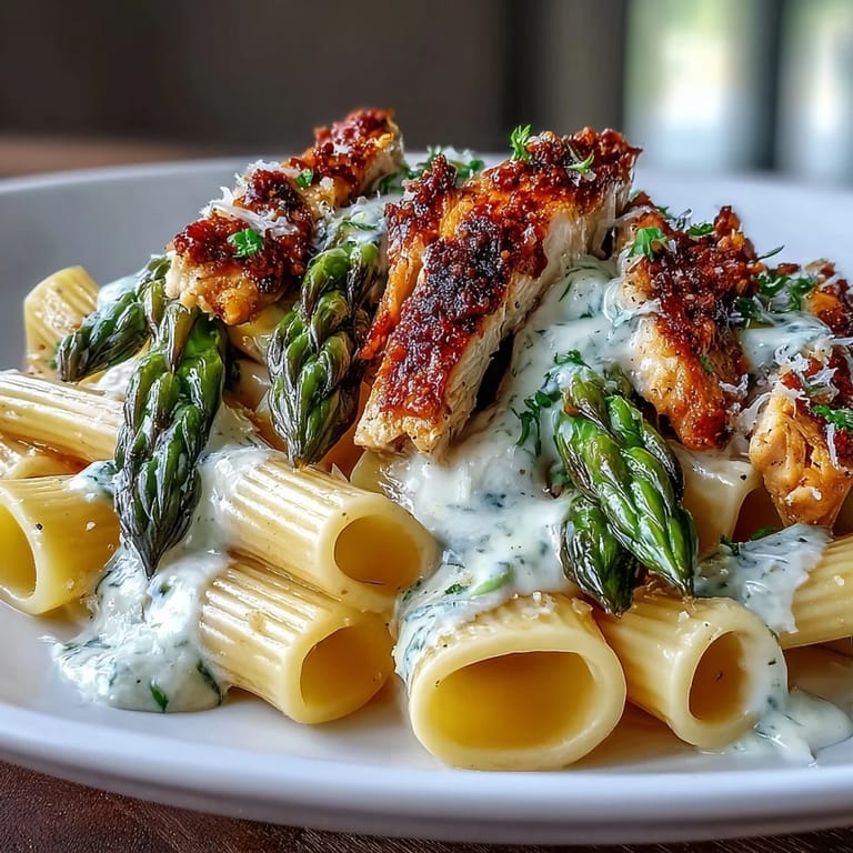 Serve this Crispy Parmesan Asparagus Chicken Pasta with a glass of white wine and crusty bread.