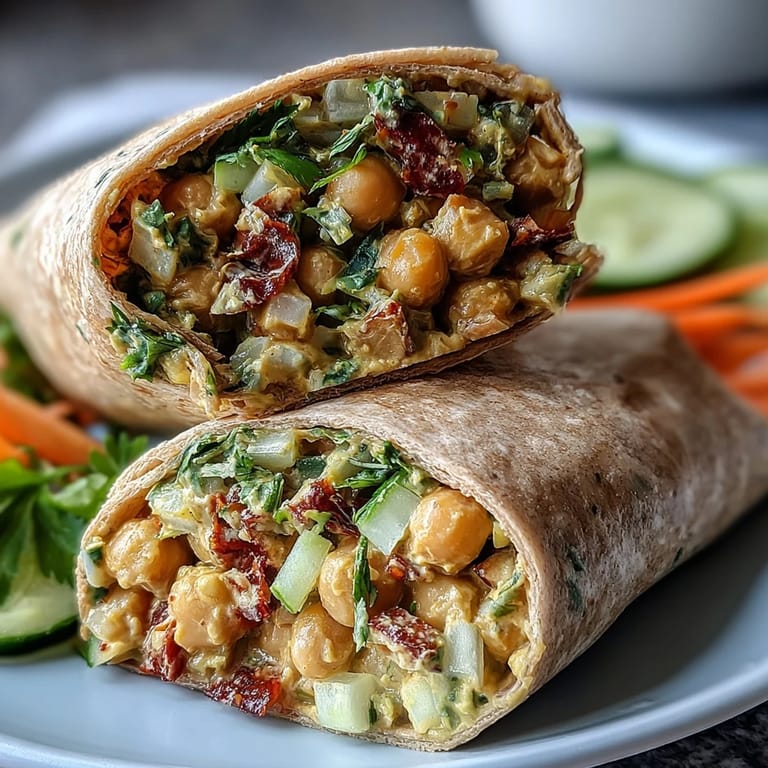 A close-up of a halved Vegan Coconut Curry Chickpea Salad Wrap on a plate with carrot strips and lime wedges, ready for lunch.