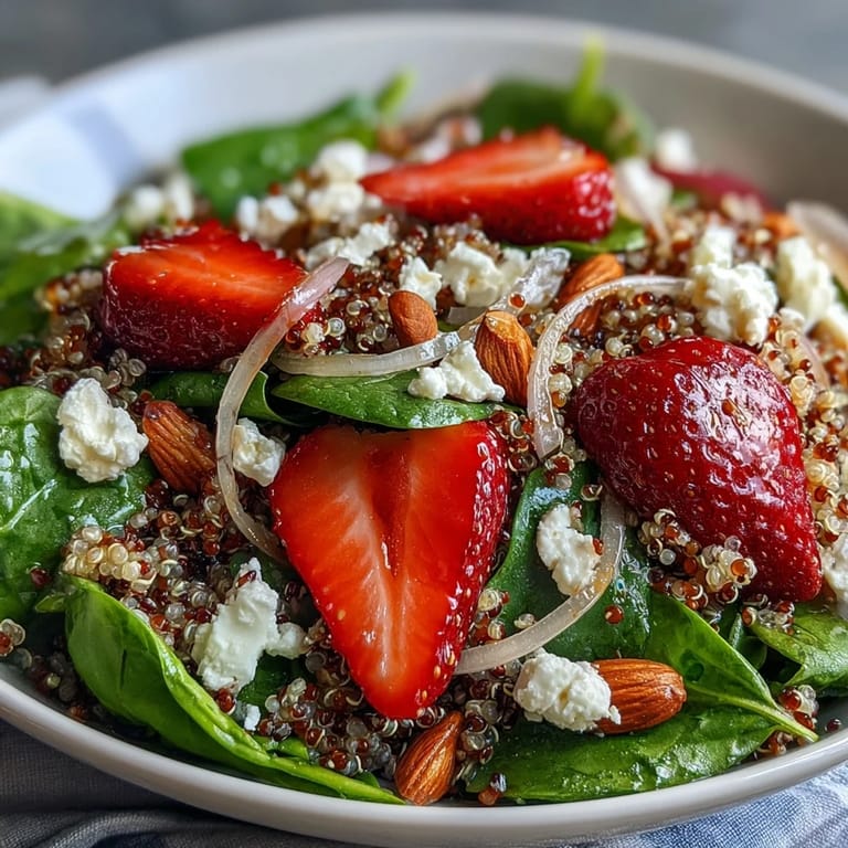 A fresh bowl of Strawberry Spinach Quinoa Salad drizzled with balsamic vinaigrette, served as a light summer lunch.