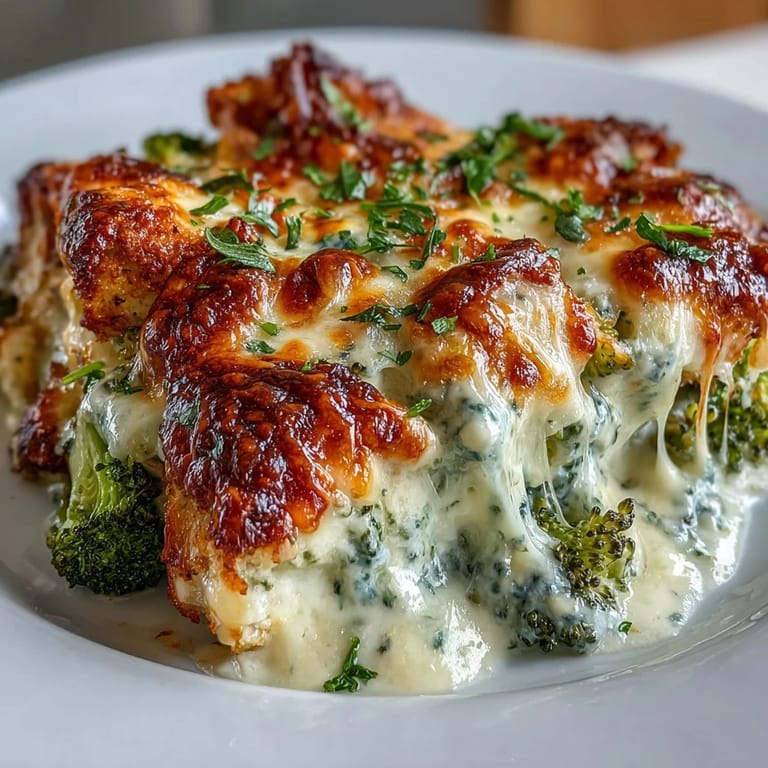 Creamy Keto Cheesy Broccoli Chicken Bake with tender chicken and bright green broccoli florets up close.