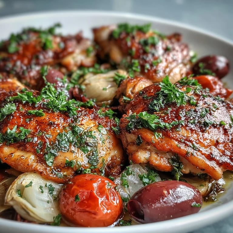 Sizzling One-Pan Mediterranean Chicken with red onion, red bell pepper, and lemon zest, served alongside couscous.