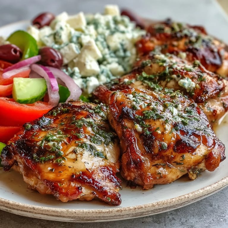 Sizzling Grilled Lemon Herb Chicken Thighs with Greek Salad alongside vibrant vegetables and crumbled feta cheese.