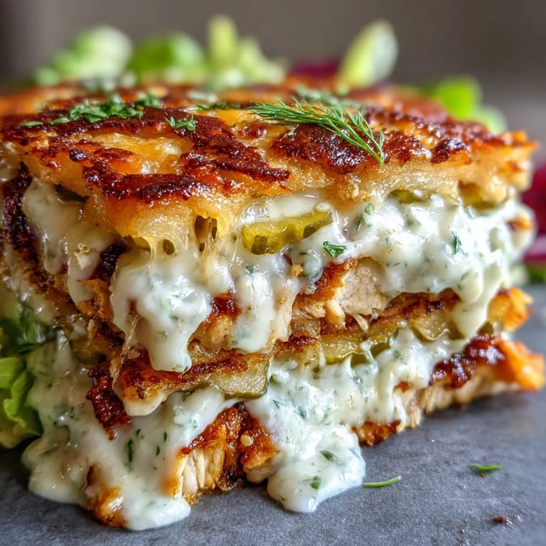 Ranch-smash chicken tacos topped with crispy cheddar-monterey jack cheese lace, dill pickles, and zesty ranch sauce in warm tortillas.