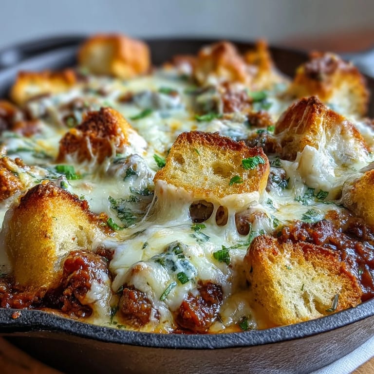 A cast-iron skillet filled with lasagna-inspired layers of garlic bread, beef sauce, and melted cheese.