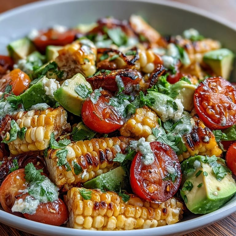 Colorful summer salad featuring sweet corn, juicy tomatoes, creamy avocado, and zesty lime dressing on a rustic table.  