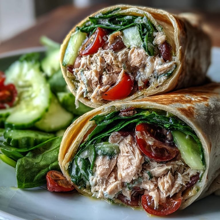 Protein-packed tuna and white bean no-mayo wraps with crunchy veggies and tangy Dijon dressing for a healthy lunch.  