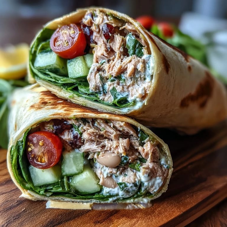 Mediterranean-inspired tuna and white bean salad wraps filled with fresh spinach and a light olive oil-lemon dressing.