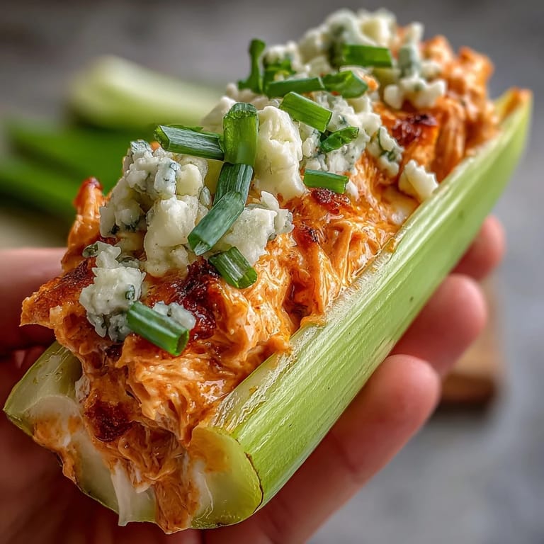 Zesty buffalo chicken and creamy blue cheese atop crunchy celery for a low-carb appetizer.