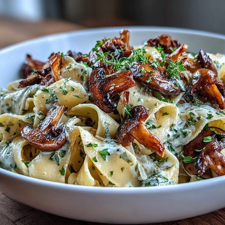 Silky mushroom pasta infused with garlic and thyme, tossed in a luscious cream sauce and served with freshly grated Parmesan for an indulgent vegetarian dinner.