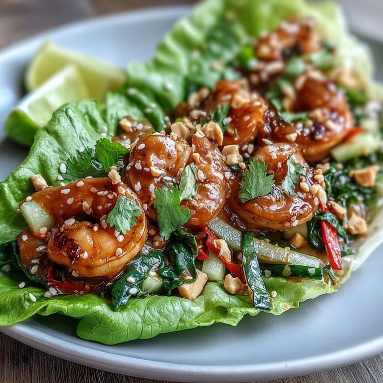 Colorful shrimp lettuce wraps featuring tender shrimp, crunchy veggies, and rich peanut sauce, garnished with cilantro and lime wedges for a refreshing, gluten-free dish.  