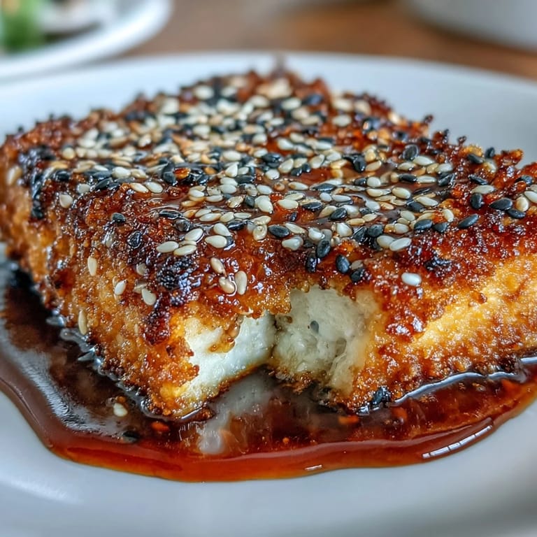 Crispy pan-seared tofu slabs encrusted with white and black sesame seeds, drizzled with homemade teriyaki sauce for an Asian-inspired vegan main.