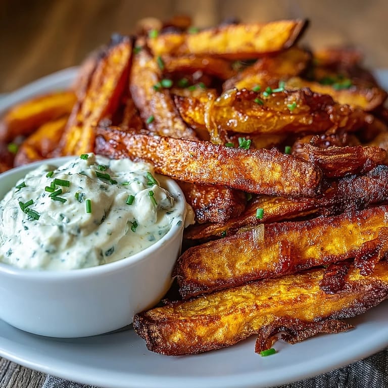 Golden sweet potato fries cooked in air fryer with smoked paprika, served alongside creamy onion dip.  