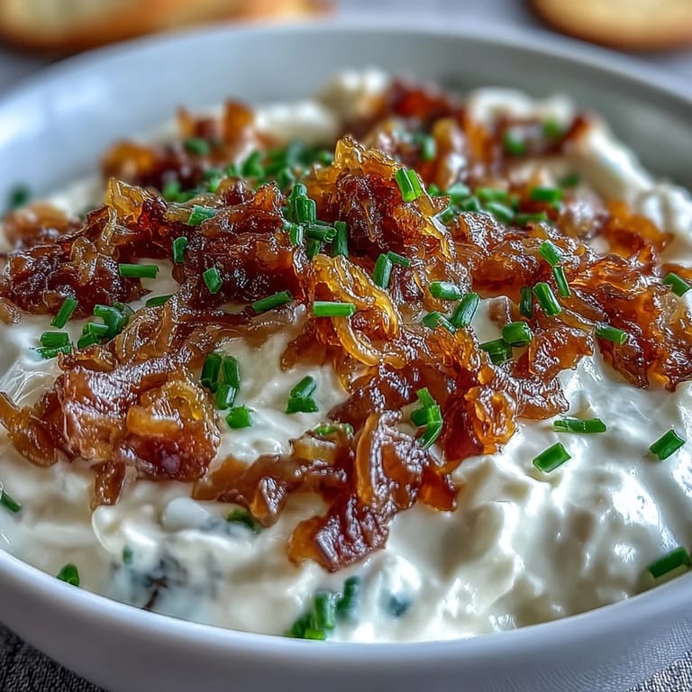 Golden caramelized onions blended into a smooth sour cream base, garnished with bright green chives for an irresistible appetizer.