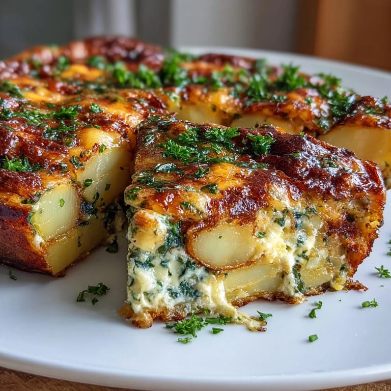 Savory spring onion and potato frittata with rich cheddar, baked to golden perfection for a satisfying vegetarian dish.