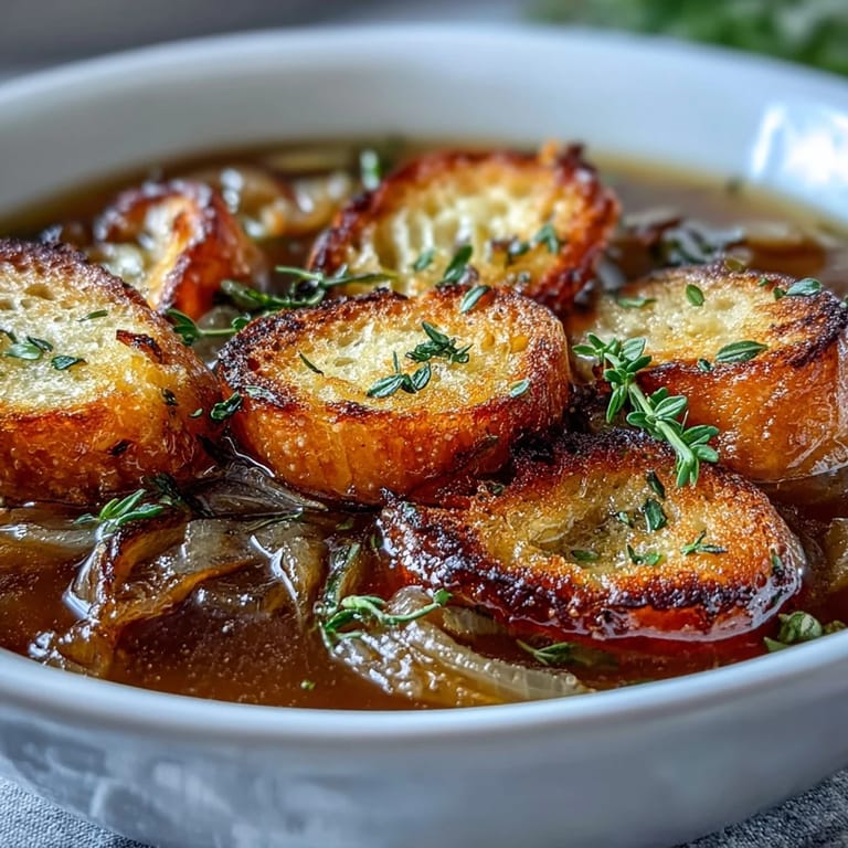 Hearty French-inspired roasted garlic and onion soup topped with aromatic herb croutons and a sprinkle of thyme.
