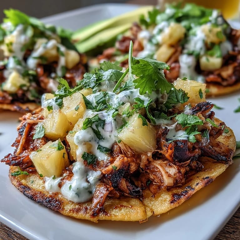 Golden-baked chicken, tangy pineapple salsa, and creamy lime crema atop crunchy tostadas—bursting with flavor and texture.