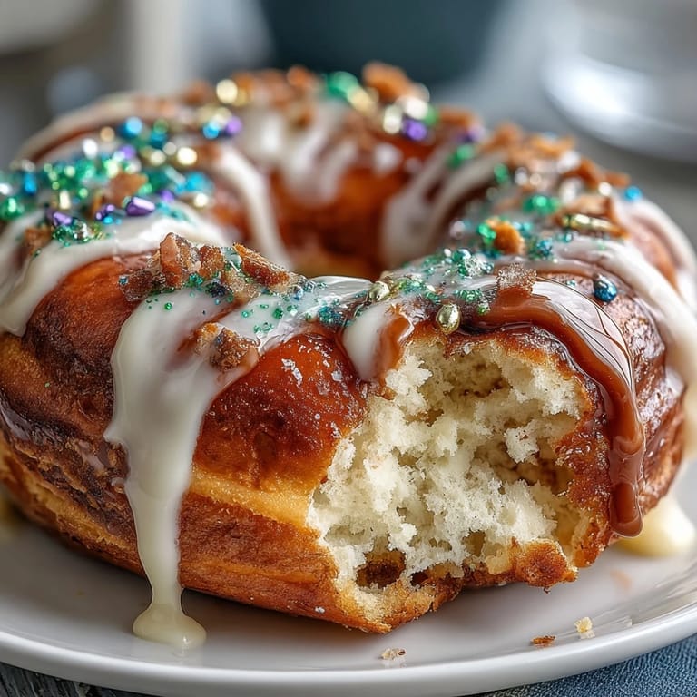Soft and fluffy King Cake Donuts decorated with colorful Mardi Gras sprinkles, inspired by the classic New Orleans pastry.  