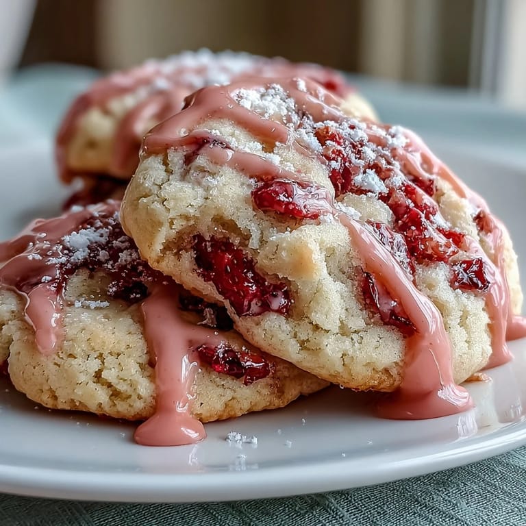 Freshly baked soft strawberry sugar cookies with a luscious pink icing, perfect for spring celebrations or an everyday dessert treat.