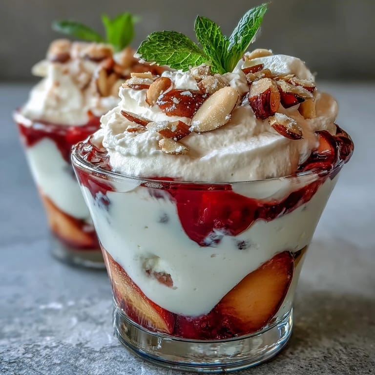 A close-up view of a peach Melba cup showing the vibrant raspberry sauce dripping over creamy white yogurt and golden peaches.