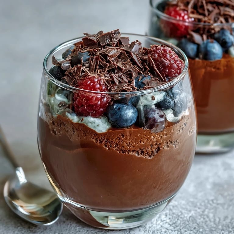 Velvety dark chocolate mousse blended with cottage cheese and cocoa powder, topped with fresh berries and shaved chocolate.