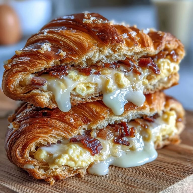 Buttery croissants layered with fluffy eggs and gooey cheese, served warm for a deliciously indulgent morning treat.