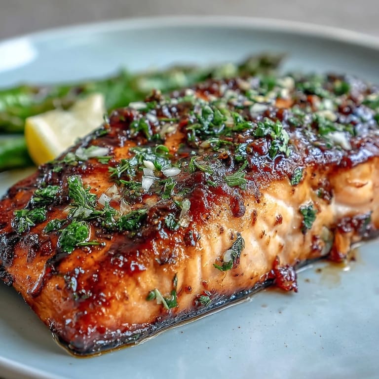 Aromatic herb-crusted salmon fillets with tender asparagus spears, drizzled with olive oil and garnished with lemon wedges.