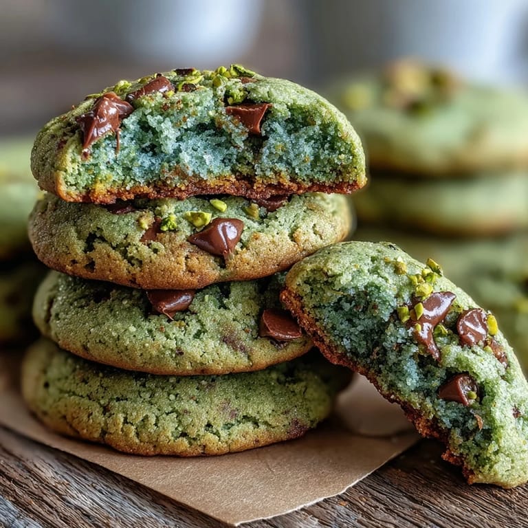 Soft and chewy St. Patrick's Day cookies featuring natural pistachio flavor, white chocolate chips, and a vibrant green hue from fresh spinach.