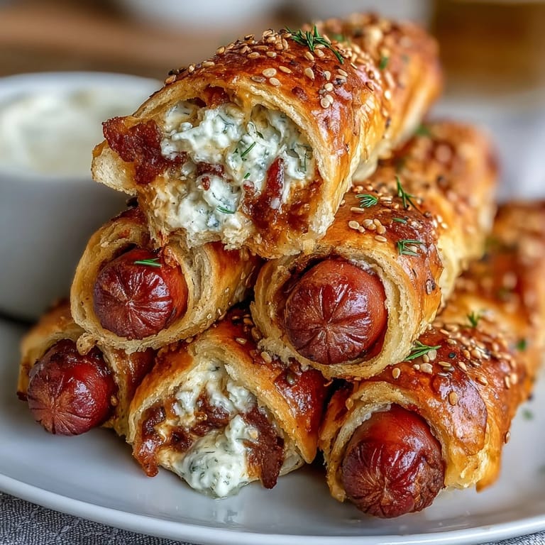 Bite-sized hot dogs wrapped in buttery crescent roll dough, perfect for game day snacks or party platters.