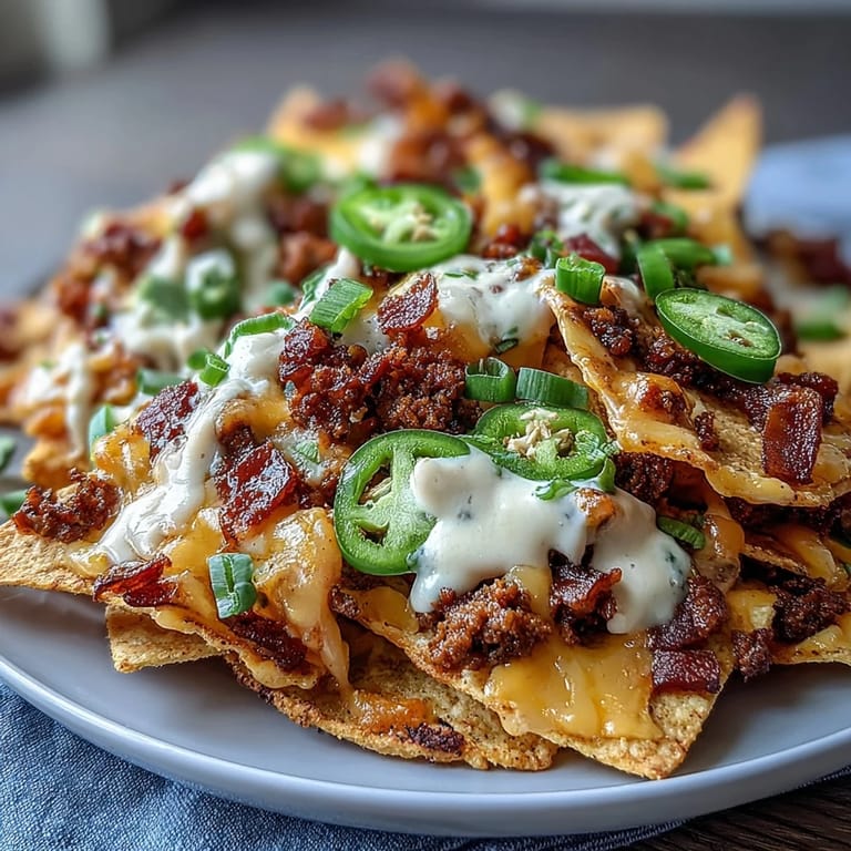 Loaded Baseball Nachos with Jalapeños and Cheese Sauce: golden chips smothered in savory cheese, topped with beef, fresh veggies, and cool sour cream.
