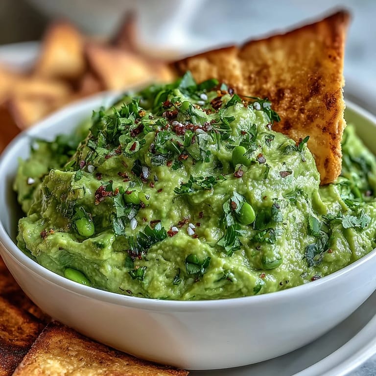 A close-up shot of the vibrant edamame guacamole served in a bowl surrounded by homemade toasted pita chips.