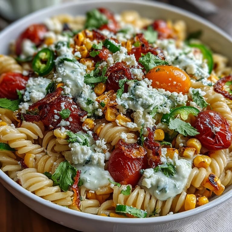 Creamy Elote Pasta Salad with Cotija, Chili, and Lime, a vibrant Mexican-inspired side dish.